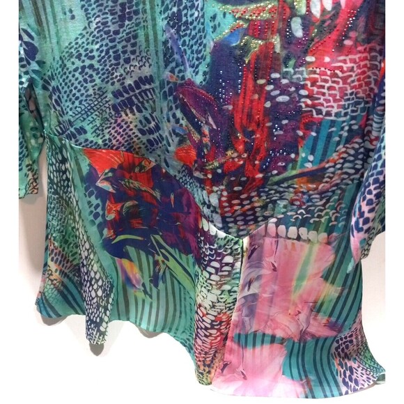 French Blue Blouse Small Colorful Boho Metallic Sheer 3/4 Sleeve Asymmetrical - Picture 6 of 9